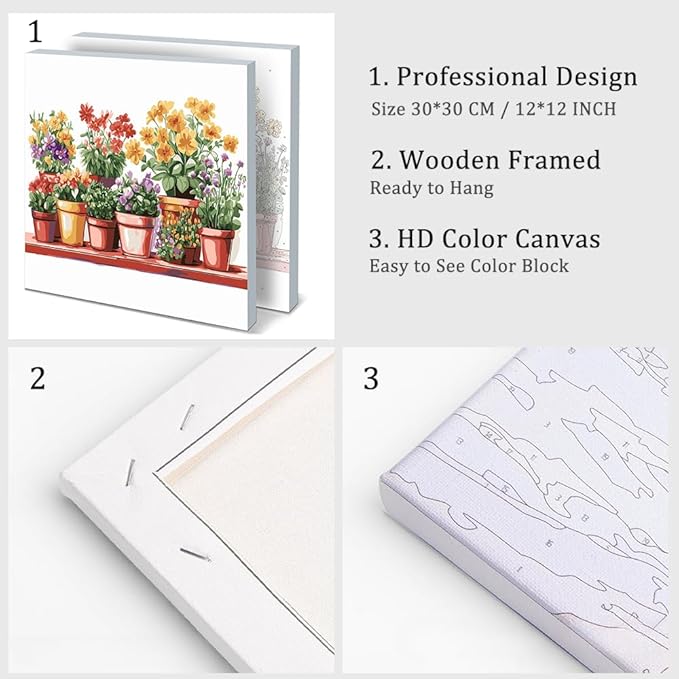Natuyalo Potted Plant Paint by Number with Frame 12"x12" - Framed Paint by Numbers Kit for Adults Beginners, Flowers Acrylic Painting by Number Kits Framed Ideal Gift