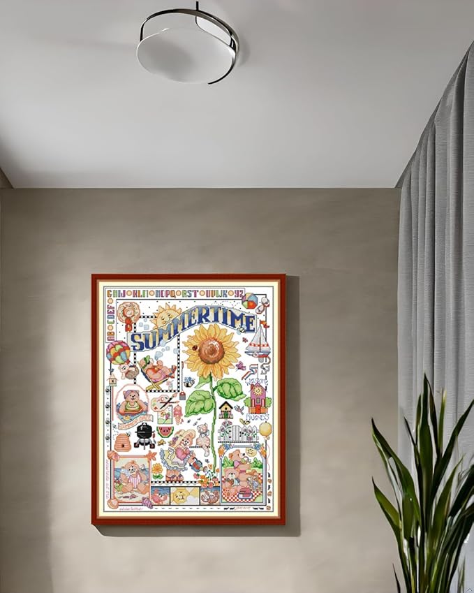 CaptainCrafts New Cross Stitch Kits Embroidery Kit Full Range Pre-Printed and Counted Fabrics Kits for Adults Beginners Home Decor (Stamped 14CT, Summer time)