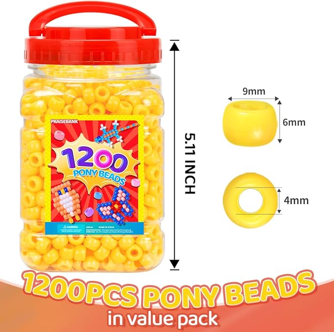 praisebank pony beads, 1200pcs 6x9mm, wholesale beads, bracelets jewelry making, arts & crafts(yellow)
