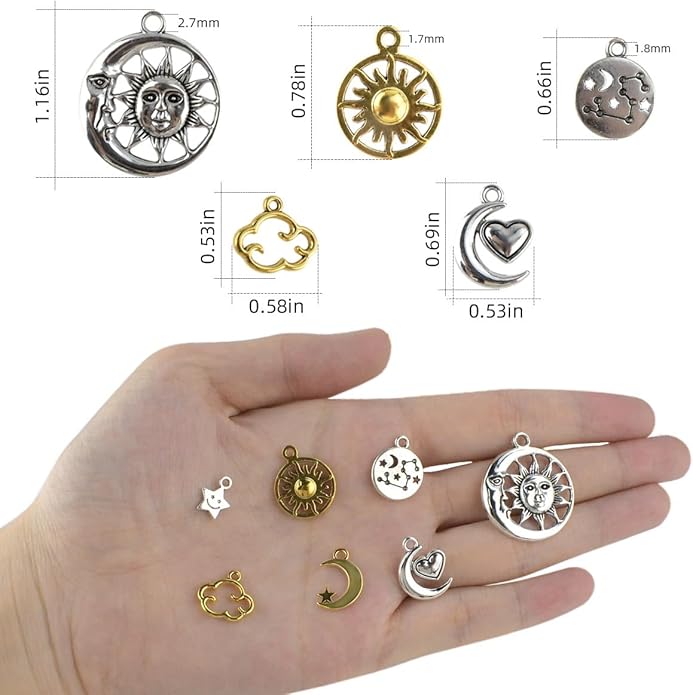 110 Pieces Sun and Moon Charms for Jewelry Making - Alloy Moon Pendants, Vintage Star Celestial Charms for Necklace, Bracelet, Earrings - Antique Silver Pendant Craft DIY Jewelry Making Supplies
