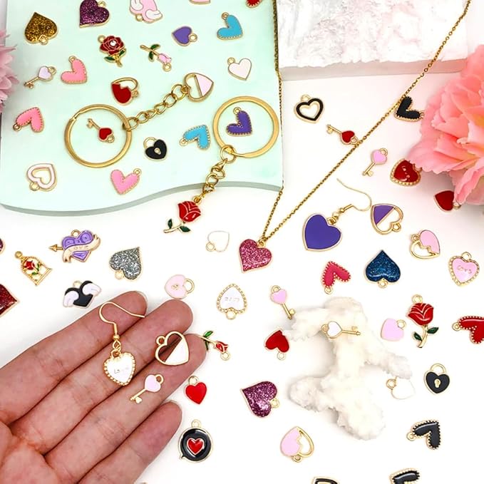 WOCRAFT 120pcs Assorted Enamel Bracelet Heart Rose Flower Charms for Jewelry Making Crafts,Valentine's Day Mother's Day Wedding Day Charms DIY Necklace Bracelet Keychain Crafting Kit (SN813)