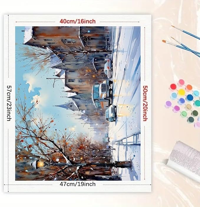 Winter Scene Paint by Numbers Kit for Adults - DIY Snowy City Street Painting on Rolled Canvas 16x20 Inches, Acrylic Paint Set, Suitable for Beginners, Urban Art for Home Decoration or Gifts.