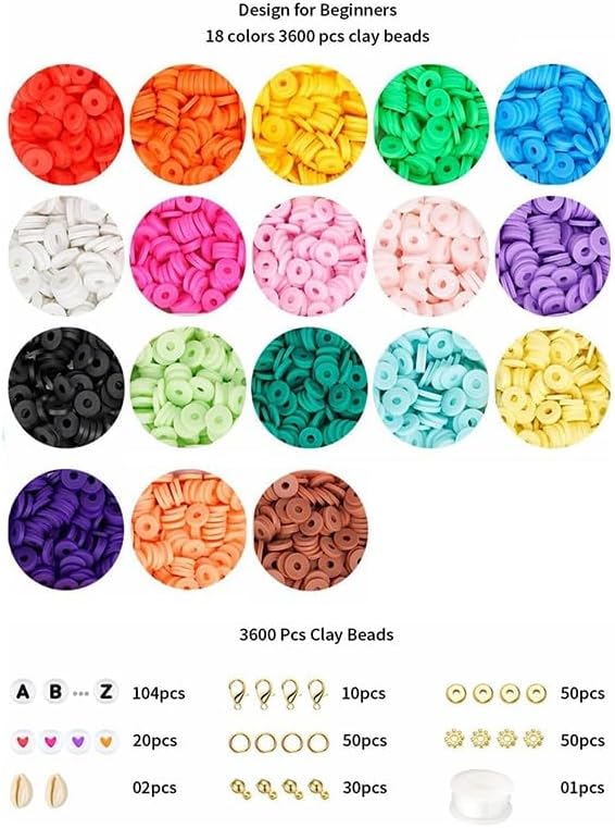 Believo 24-Grid DIY Polymer Clay Beads Set with Alphabet Letters, Heart Spacers, Shell Charms, Lobster Clasps, Jump Rings, Golden Spacers, Elastic String, 18 Colors, Friendship Bracelet Making Kit