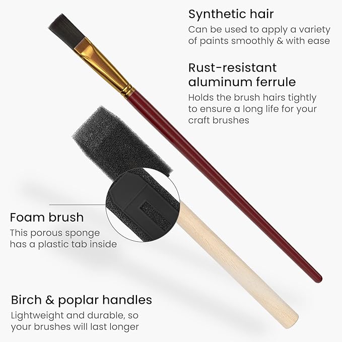 ARTEZA Paint Brush Set, 72 Brushes with Foam, Flat & Detail Tips, Mixed Handles, Art Brushes for Watercolor, Acrylic on Canvas, Paper or Wood