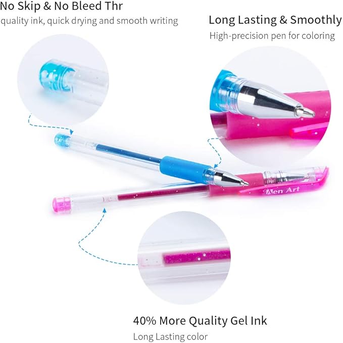 Aen Art Glitter Gel Pens Colored Fine Tip Markers with 40% More Ink for Adult Coloring Books, Drawing and Doodling (24 Colors)