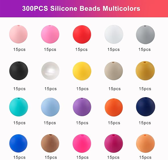 300Pcs 9mm Silicone Beads for Keychain Making and Bracelet Making,20 Colors Round Silicone Beads for Pens（Multicolor）