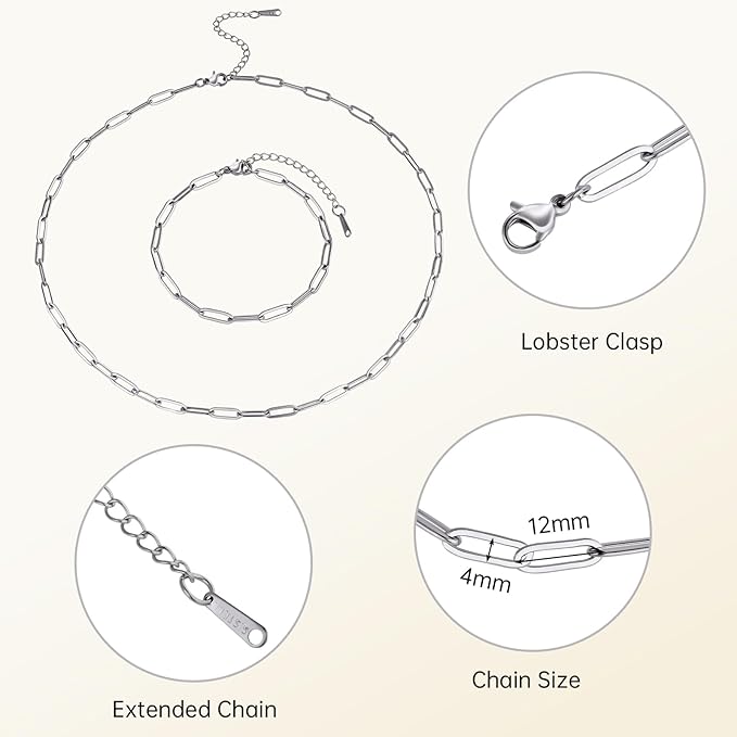 SMYHTGLIF 20 Pack Stainless Steel Bulk Necklace Bracelet Chain for Jewelry Making 4mm Paperclip Necklace Bracelet Chains for Women