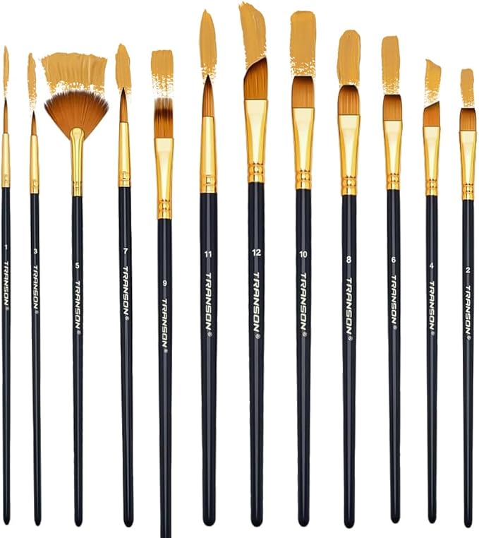 Transon Art Painting Brush Assorted Set of 12 for Acrylic Watercolor Gouache Hobby Painting