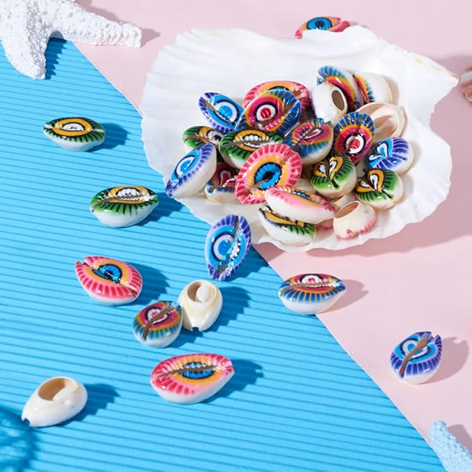 Cheriswelry 100pcs Printed Cowrie Shell Beads Undrilled Colorful Evil Eye Seashells Beach Beads Smooth Cut Oval Shell Beads Charms 20~25mm for DIY Craft Earring Bracelet Necklace Jewelry Making