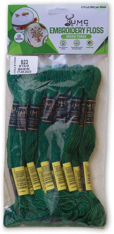 Pack of 12 Premium Embroidery Thread | 100% Egyptian Cotton Premium Skeins | Cross Stitch Embroidery Floss | Oeko TEX Certified Stranded Cotton | Ideal for Arts & Crafts (Emerald Green 923)