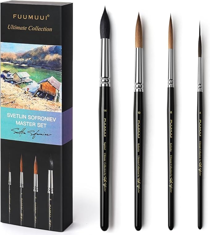 Watercolor Brushes Professional, Fuumuui 2pcs Kolinsky Sable Brushes, 1pc Pure Squirrel Mop Wash Round Brush & 1pcs Extended Needle Point Brush Perfect for Watercolor Acrylic Gouache Inks