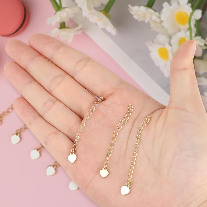 30 Pcs Necklace Extenders,18K Gold Plated Necklace Extender 55 mm,Chain Extender with Heart Chain Tabs for Jewelry Making