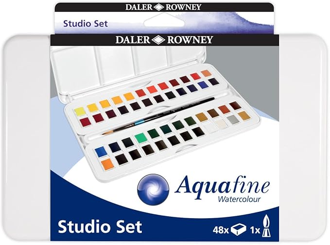 Daler Rowney Daler-Rowney Aquafine 48-pc Watercolor Studio Set - Watercolor Paint Set for Watercolor Paper and More - Watercolor Set for Artists and Students - Water Color Paint for All Skill Levels