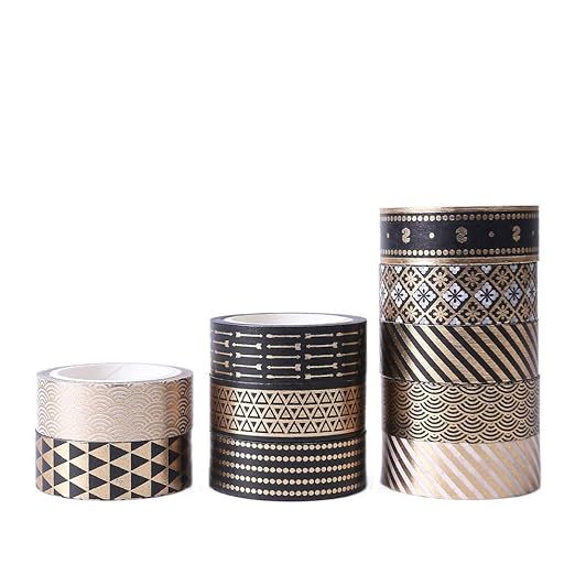 YUBBAEX 10 Rolls Washi Tape Set Black Gold Foil Print Decorative Tapes for Arts, DIY Crafts, Bullet Journals, Planners, Scrapbook, Wrapping (15mm) (Black Gold x 10 Rolls)