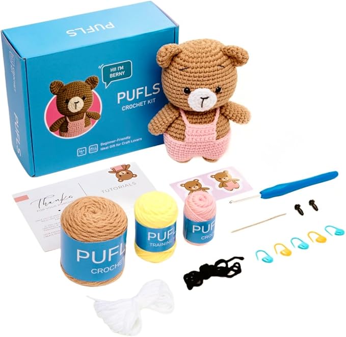 PUFLS Bear Crochet Kit for Beginners Kids, Beginner Crochet Kit for Adults and Kids with Video Tutorials, Crochet Kits with Mini Crochet Animals, Knitting Kit for Beginners and Cute Crocheting Kit