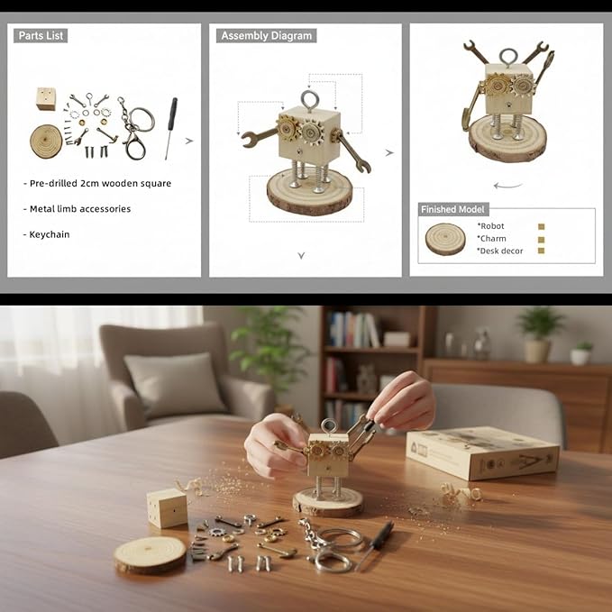 Mini Steampunk Robot Model Building Kit for Adults, Teens, Kids - Desk Figures DIY Project Construction with Wood & Metal - Perfect Gifts, Office Decor, STEAM Education - Keychain Charms(Repairman)