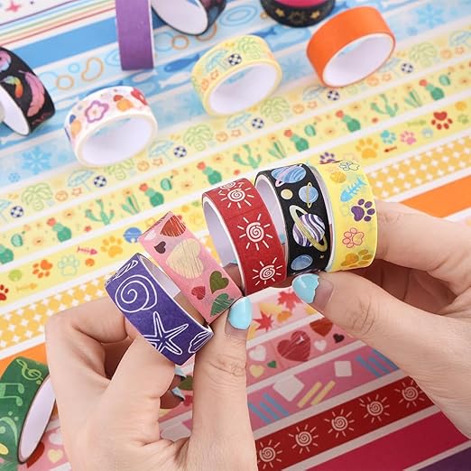 30 Rolls Colorful Theme Washi Tape Set with Different Colorful Patterns, Writable Decorative Tapes for Scrapbooking, Junk Journal Supplies, Bullet Journaling, 0.6'' x 79'' per Roll