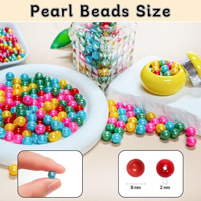 Pearl Beads for Jewelry Making Holes ABS Craft Beads with Holes for Jewelry Making, Bracelet, Necklace Crafting Bulk Bead Kit (8mm,5-Color blend/750 pcs)