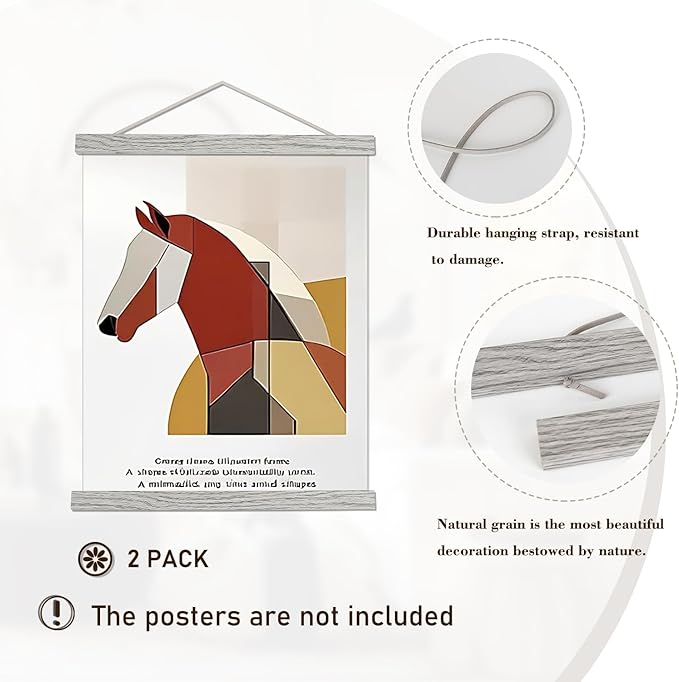 Artmag 2 Pack Magnetic Poster Hanger Frame, 22x34 22x28 22x30 Light Wood Wooden Magnet Canvas Artwork Print Dowel Poster Hangers Frames Hanging Kit (Grey, 22",2 Packs)