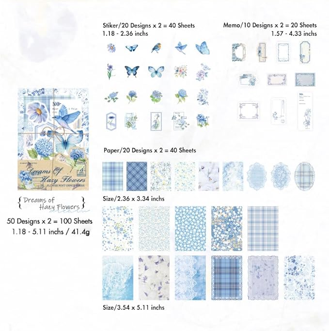OKUPAN Vintage Floral Scrapbook Paper & Journaling Stickers (100pcs) Assorted Set (Blue) - Junk Journal Supplies for Bullet Journaling, Retro Crafts, Planner, Mixed Media, Collage Card Album