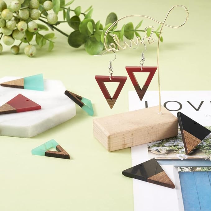 Beadthoven 12pcs/6 Pairs Natural Wood Resin Triangle Charms DIY Earrings Pendants Mixed Colors Hollow Triangle Wooden Pieces Pendants for Statement Jewelry Making Findings