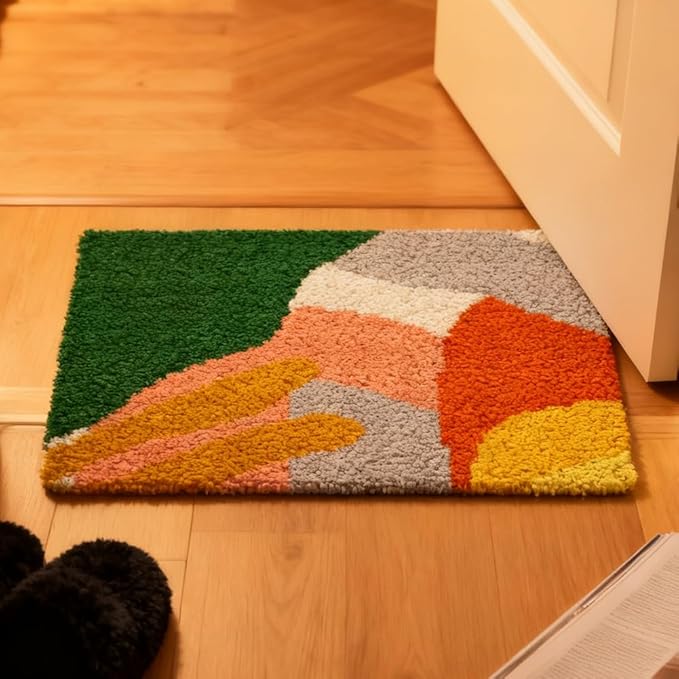 ORIGACH Abstract Color Blocks Latch Hook Rug Kit for Adults Printed Rug Making Kit Handmade Carpet Tapestry Cover with Hook Latch and Preprinted Canvas, Home Arts Crafts Sofa Decor, 20.5x15inch