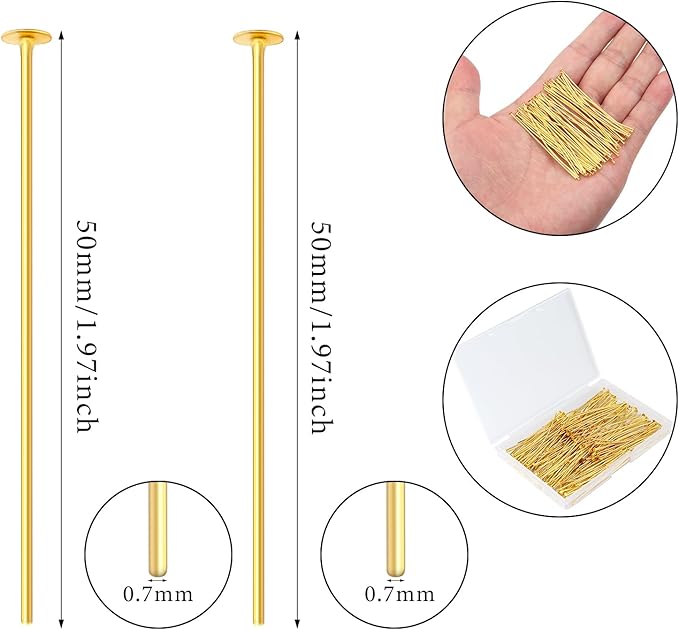 200 Pcs 50mm Straight Head Pins for Craft Earring Bracelet Necklace Pendant DIY Jewelry Making, Gold Color