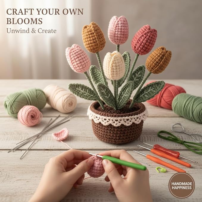 ADDZRZR Tulip Crochet Plants Kit for Starters, Complete Easy Crochet Set for Beginners Adults with Step-by-Step Tutorials, Unique Friend Gifts for Women