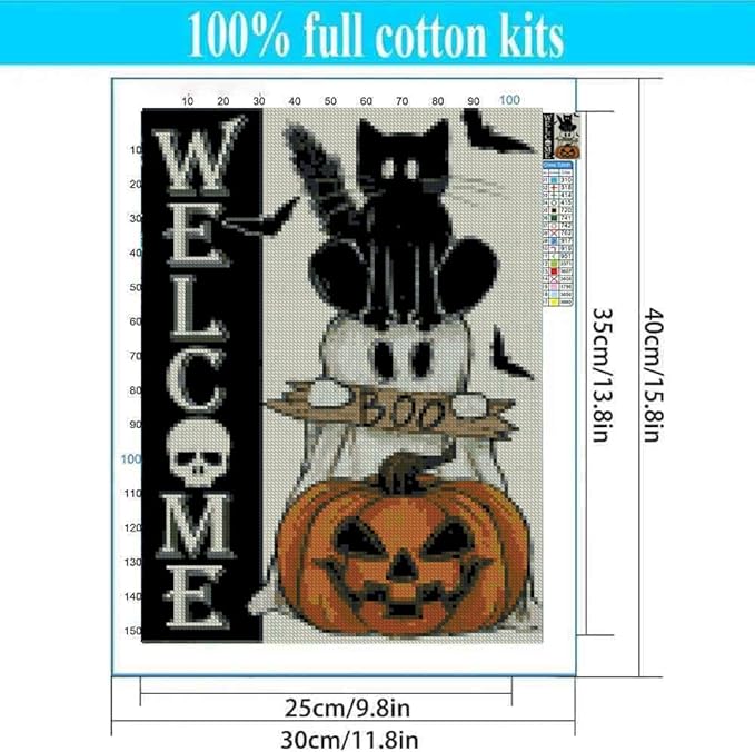 Halloween Stamped Cross Stitch Kits for Adults Beginner, Cross Stitch Kits Printed Stitching Patterns Dimensions Needlepoint Art Crafts Embroidery Kits for Adults Beginners 12x16 inch