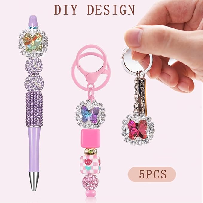 5pcs Rhinestone Handcrafted Beads, Sparkling Diamond Flower Pen Focal Interval Bead String Ballpoint Pen,DIY Craft Ballpoint Pen Jewelry Bracelet, Necklace, Keychain Making (Round Crystal)