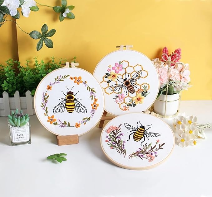 konrisa embroidery kits for adults beginner, european style bees collect honey stamped embroidery starter kit,diy sewing practice, needlepoint cross stitch kit,set of 3