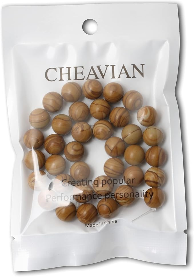 cheavian 35pcs 10mm natural woodgrain jasper round loose beads for jewelry making diy bracelet necklace materials 1 strand 15"
