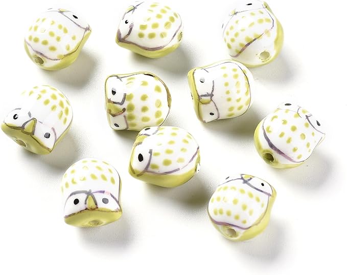 10Pcs Porcelain Ceramic Owl Beads, Famille Rose Yellow Green Porcelain Loose Spacer Beads for DIY Necklaces Bracelets Crafts Supplies