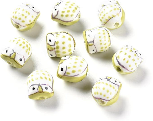 10Pcs Porcelain Ceramic Owl Beads, Famille Rose Yellow Green Porcelain Loose Spacer Beads for DIY Necklaces Bracelets Crafts Supplies