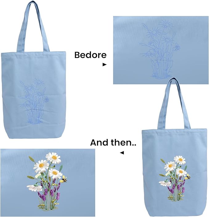 Canvas Tote Bag Embroidery Kit with Pattern for Beginners, Arts and DIY Embroidery Crafts Kits for Adults, Instructions, Embroidery Hoops, Color Threads (lightblue, CR002 huaxiangyiren lightblue)