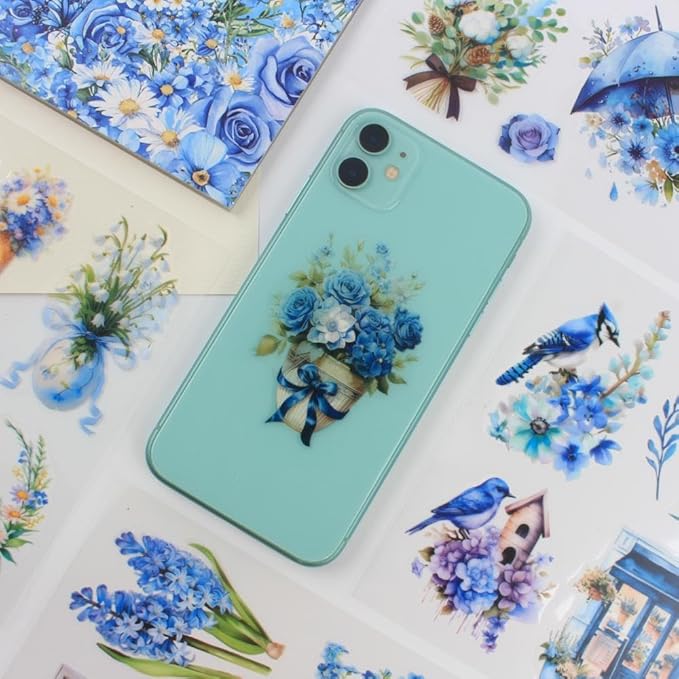 30 Sheets Precut Blue Flower Garden Landscape Stickers Book for Junk Journal Supplies, Transparent PET Stickers for Journaling, Scrapbooking, Bujo, Collage, Card Making