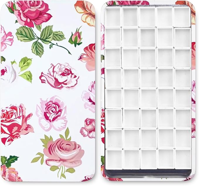 40Pcs Empty Half Pans with Magnetic Stripe Watercolor Paint Travel Tin Palette Case, Artist Paints Half Pan Kits for DIY Watercolor Oils or Acrylics Painting Art Drawing Pink Rose