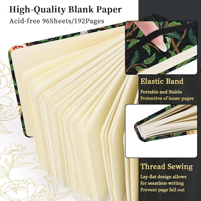 Square 4.8x4.8 inches 80gsm 96sheets/192 Pages Notebooks Blank Sketchbooks Travel Journal Pocket Hardcover Paint Writing Diary Memo Planner Cloth Cover. Pomegranate Bird