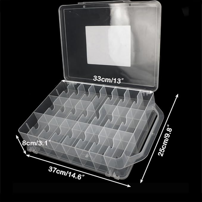 Double-Sided Sewing Organizer Box with 46 Grids - Clear Plastic Thread Storage Case for Embroidery Floss, Sewing Threads, Needles, Beads & Craft Supplies (Portable Craft Organization Container)