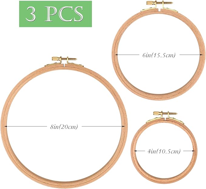 zocone 3 pcs beech wood embroidery hoops, wood circle hoop ring cross stitch hoop for embroidery, cross stitch, needlework, art craft handy sewing and christmas decoration (size-4", 6", 8")