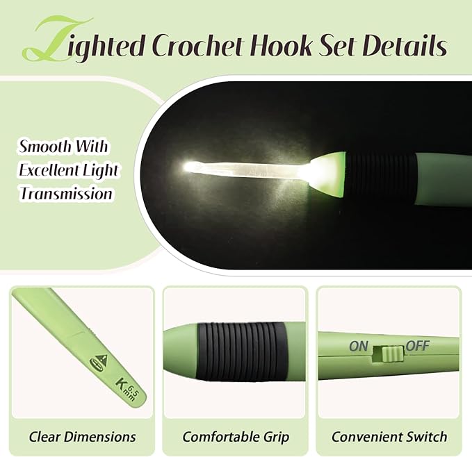 Yarniss LED Light Up Crochet Hook 5 Piece Handle Set Includes the Following 5 Sizes: 3.5mm, 4.5mm, 5.0mm, 5.5mm, and 6.5mm. Includes 1 Pack of Spare Batteries