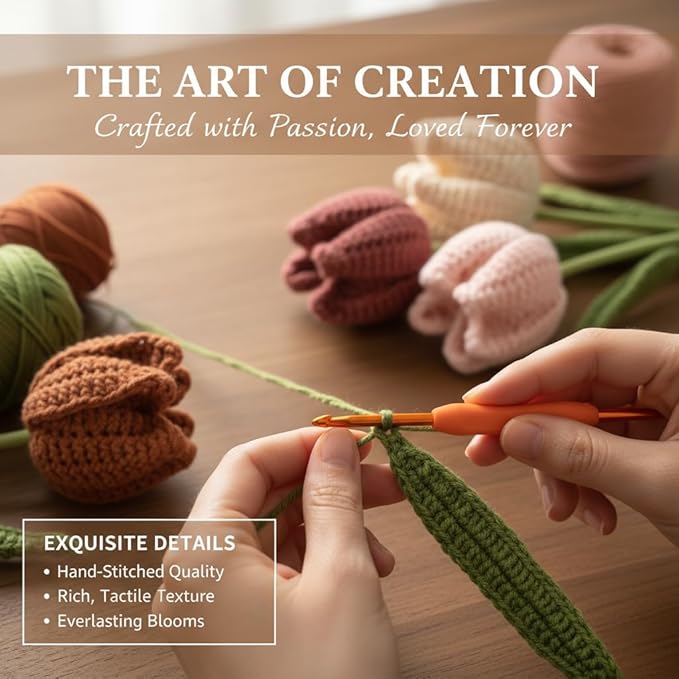 ADDZRZR Tulip Crochet Plants Kit for Starters, Complete Easy Crochet Set for Beginners Adults with Step-by-Step Tutorials, Unique Friend Gifts for Women