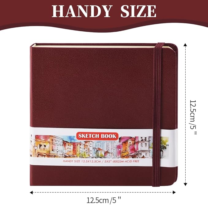 Square 5x5 inches 80gsm 96sheets/192 Pages Notebooks Blank Sketchbooks Travel Journal Pocket Hardcover Paint Writing Diary Memo Planner PU Leather Cover. Dark Red