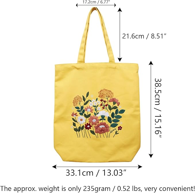 CREAWONDER Canvas Tote Bag Embroidery Kit with Pattern for Beginners, Arts and DIY Embroidery Crafts Kits for Adults, Include Instructions, Thimble, Embroidery Hoops, Color Threads and Tool