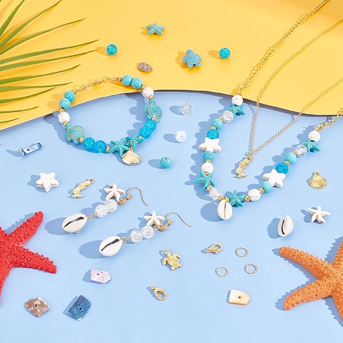 PandaHall 357pcs Starfish Shell Beads Ocean Jewelry Making Kit - 20g Synthetic Turquoise Seashells, Turtle & Mermaid Charms, Cowrie Shell Beads for Summer Beach Necklace, Bracelet & Anklet