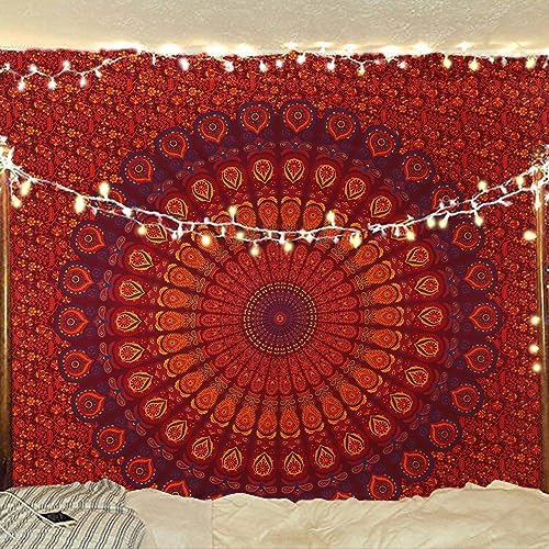 bless international handmade indian hippie bohemian psychedelic peacock mandala wall hanging college dorm beach throws table cloth bedding tapestry (golden brown maroon,