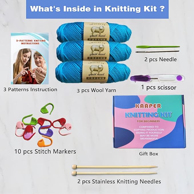 kaaper knitting kit for beginners adults - all-in-one hat, scarf & glove set with blue wool yarn, bamboo needles，learn to knit a complete winter accessory collection (acid blue)