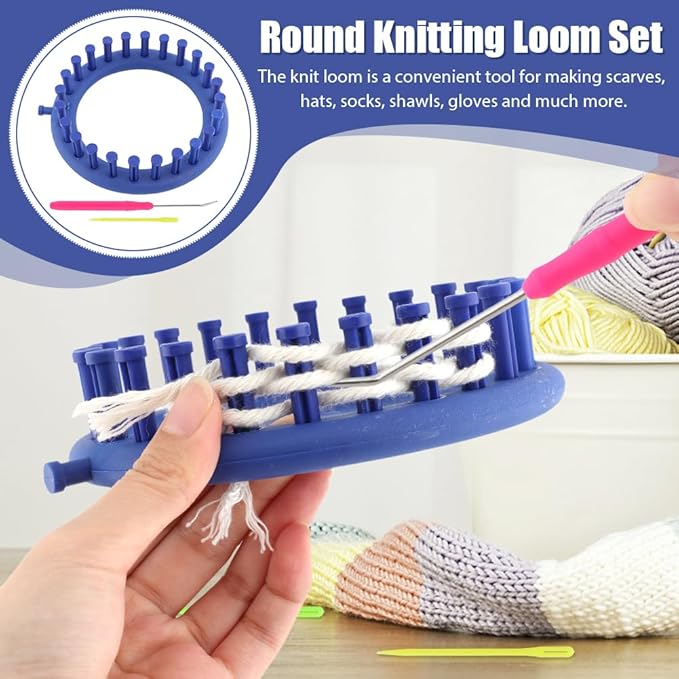 XuYelora Round Plastic Knit Quick Knitting Loom Set, DIY Home Round Manual Craft Tool with Crochet Hook Needle Kit for Loom Knitting Hats, Scarves Shawl Sock Blankets & More(Blue,Size:14cm)