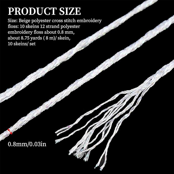 10 Skeins White Polyester Embroidery Floss Metallic Glitter Cross Stitch Thread Gold Silver Shimmer Crewel Polyester Floss Bulk for Hand Sewing Making Birthday Cards Friendship Bracelets