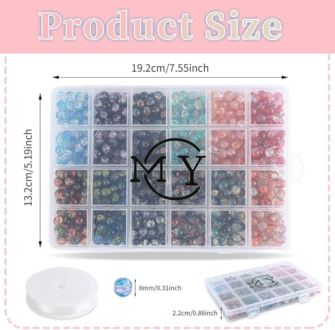 C MY 600pcs 8mm Crackle Glass Beads for Bracelet Jewelry Making Kit with 1 Roll Crystal Elastic Cord, 12 Colors Crystal Glass Beads for DIY Craft Friendship Ankle Necklace Earring Jewelry Making